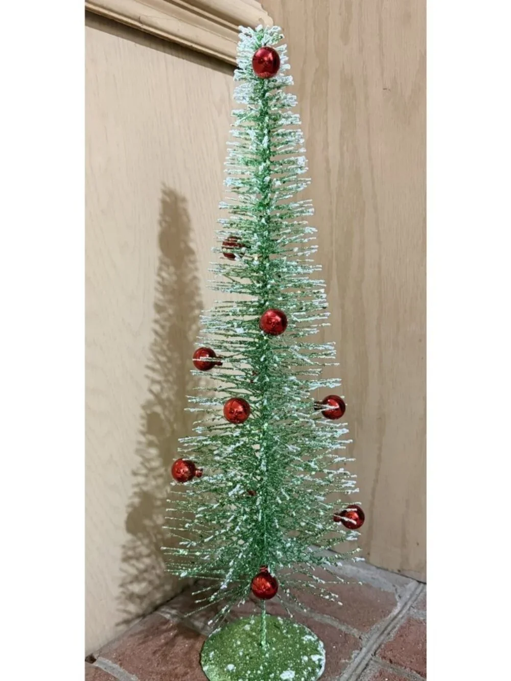 19” Glittered Bristle Brush Tabletop Christmas Tree With Mini Red Ball Ornaments